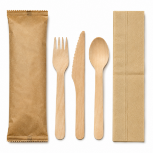 4 in 1 Wooden Cutlery Sets (Fork/Knife/Spoon & Napkin) | Compostable Cutlery | Qty: 1000